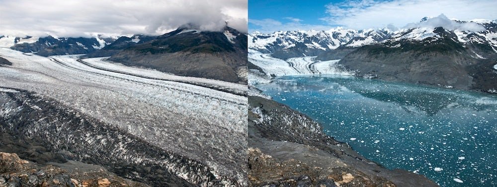 Glaciar de Columbia, en Alaska, se ha retirado 6,5 km entre 2009 (izquierda) y 2015 (derecha) (Crédito: James Balog y Extreme Ice Survey). 