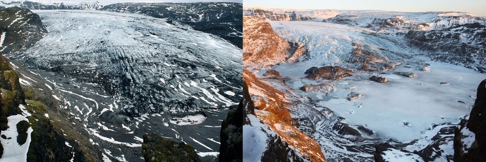 Glaciar Solheimajokull, Islandia, ha retrocedido en 625 m. entre 2007 (izquierda) y 2015 (derecha) (Crédito: James Balog y Extreme Ice Survey).