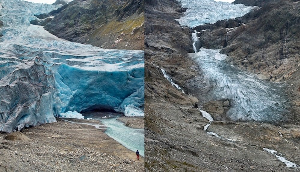 Glaciar Trift, en Suiza, se ha retirado 1,17 km entre 2006 (izquierda) y 2015 (derecha) (Crédito: James Balog y Extreme Ice Survey).