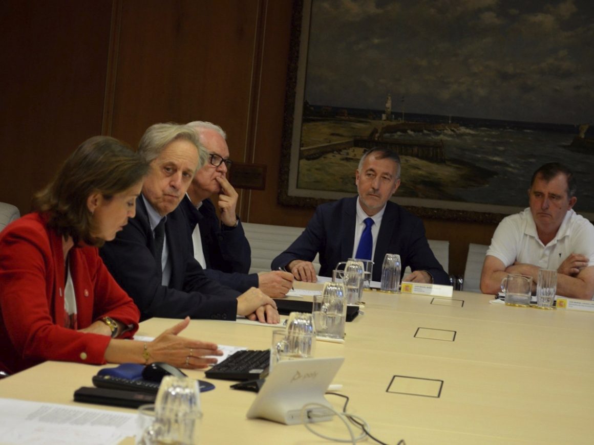 La ministra de Industria, Comercio y Turismo, Reyes Maroto, con representantes de ArcelorMittal y de los sindicatos. FOTO: Gobierno de España