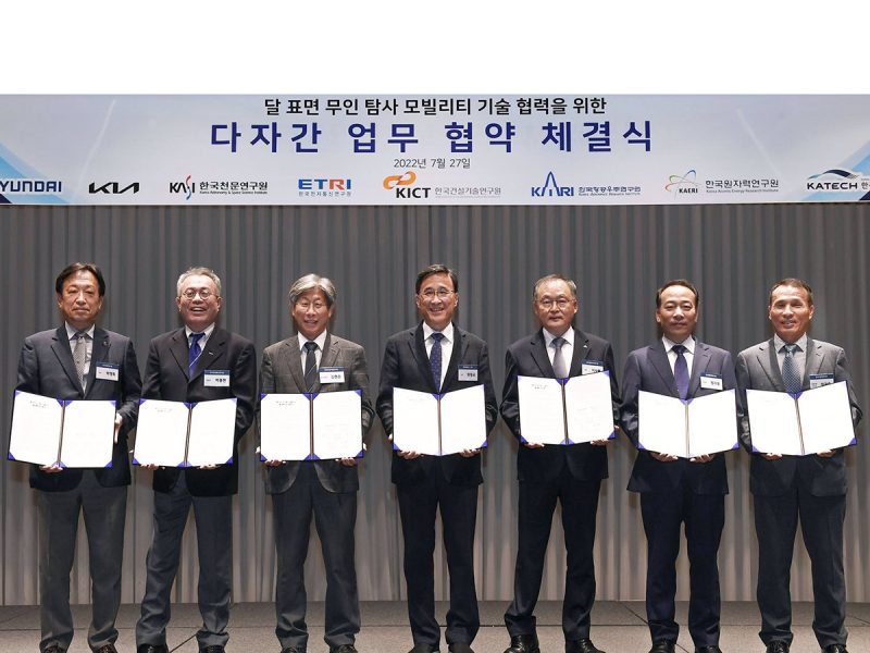 Firma del acuerdo de colaboración entre Hyundai y Kia para desarrollar soluciones de movilidad en la superficie lunar. FOTO: Hyundai / Kia